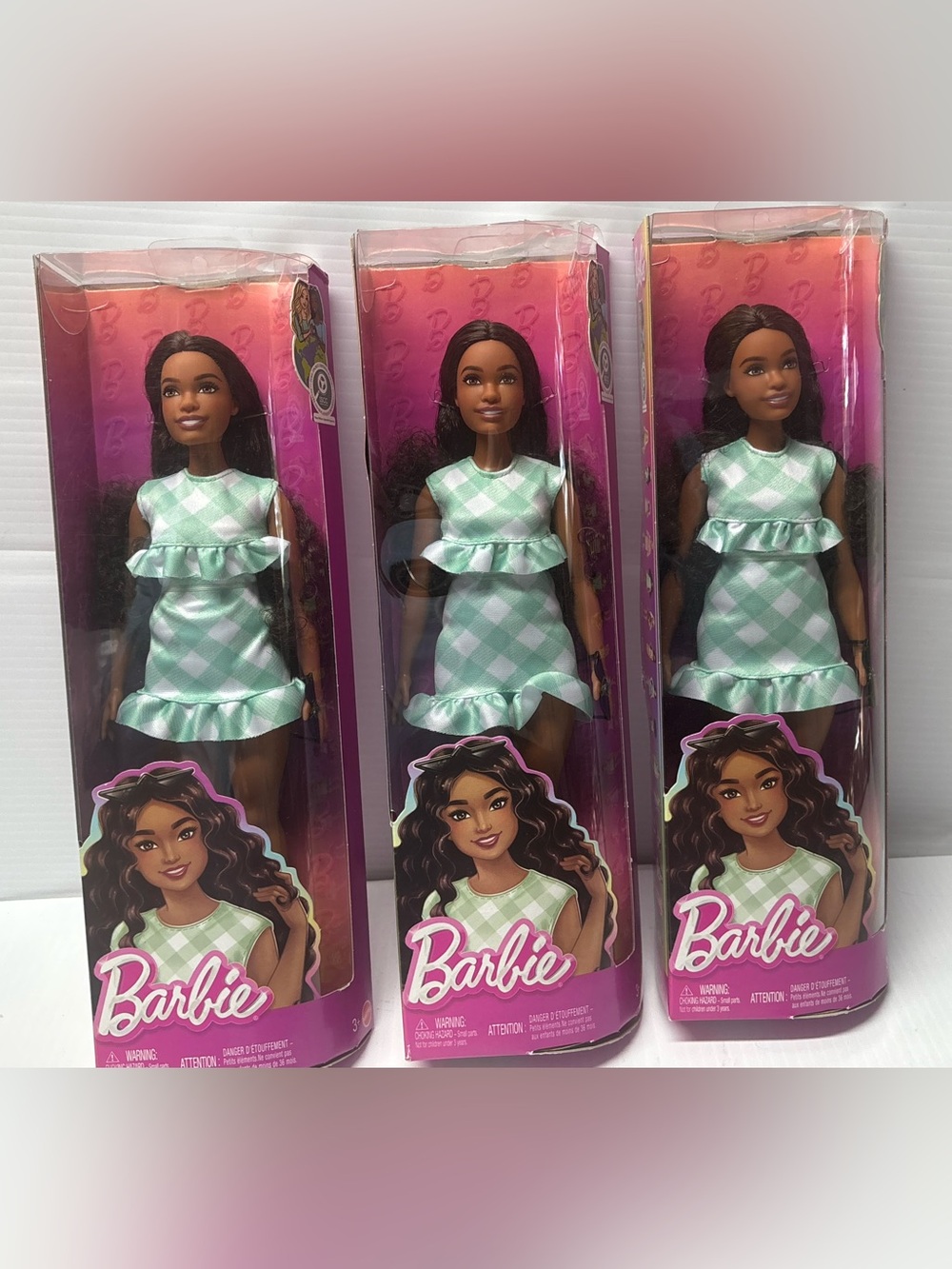 Barbie Fashionistas Doll Green Gingham Dress Lot of 3 Dolls NEW